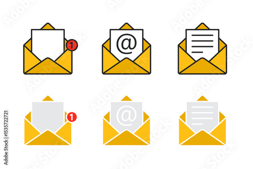 Yellow Open Mail Icon Set – Envelope with Notification, Email Symbol, and Documents