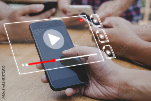 student watching video content online streaming on mobile smartphone, virtual classroom, online business advertising, video marketing, tv show, online study, digital marketing technology concept