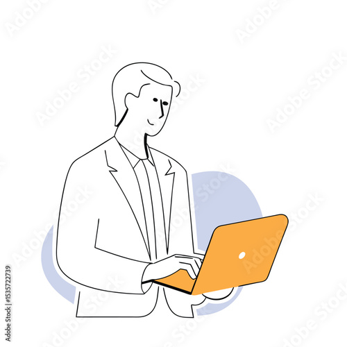 Smiling man in jacket holds orange laptop while typing against a white background