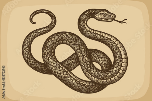 Vintage snake illustration in a detailed engraving style. Hand drawn coiled serpent on old paper. Antique zoological reptile drawing for esoteric, occult, or tattoo design concepts.