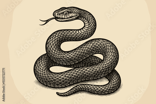 Vintage snake illustration in engraving style. Hand drawn serpent reptile coiled with forked tongue. Retro woodcut art print. Black and white animal wildlife sketch on old paper.