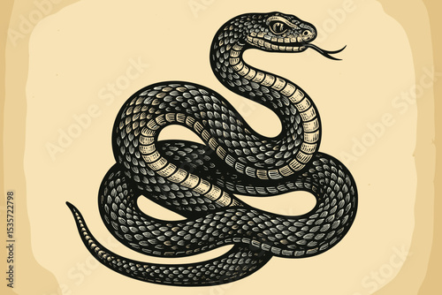 Vintage snake illustration in an engraving, woodcut style. Coiled serpent or viper. Dangerous reptile for a tattoo design. Mythological, occult symbol. Hand drawn vector art.