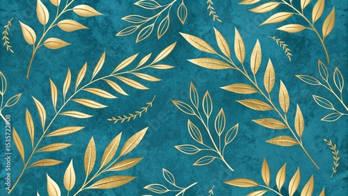 Teal Gold Leaf Pattern Seamless Botanical Design, Gold Foil Texture, Elegant Nature Concept Keywords Gold Leaves, Teal Background