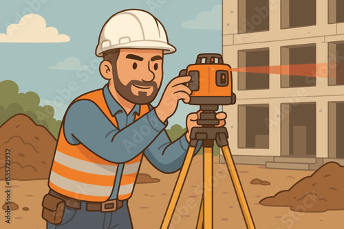 Surveyor cartoon character using a laser level on a tripod at a construction site. Geodetic engineer measuring a building with professional equipment. Vector concept for engineering.
