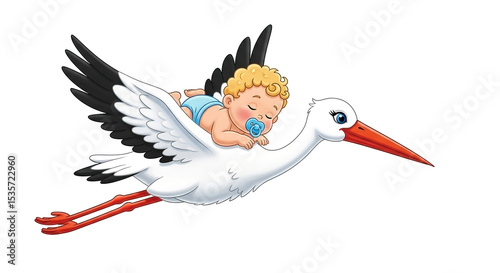 Stork carrying a baby.