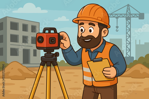 Surveyor engineer cartoon character at construction site. Man in hard hat with theodolite for land survey. Geodetic measurement and building inspection with total station. Vector.
