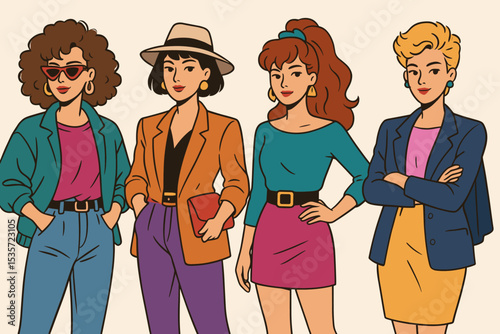 Retro 80s fashion illustration of stylish women. Group of friends in vintage eighties outfits, jackets, and hairstyles. Nostalgic pop art comic style character set vector.