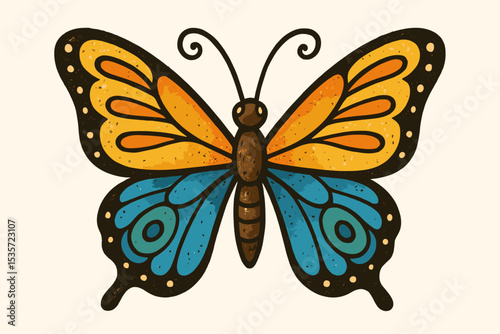 Retro butterfly illustration in a vintage tattoo style. Colorful hand-drawn insect with vibrant orange and blue wings. Isolated old-school graphic with grain texture for print.