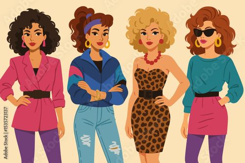 Retro 80s fashion women character set. Group of girls in vintage outfits from the eighties. Pop culture illustration with windbreaker, leopard print and oversized blazer. Vector.