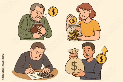 Personal finance strategies concept set. People with different financial situations. Woman saving coins in jar, poor man with empty wallet, man budgeting, rich man with money bag.