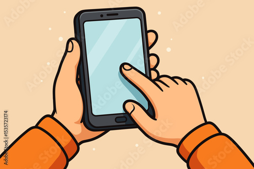 Hands holding smartphone with blank screen. Finger touching, tapping or scrolling on mobile phone display. Vector cartoon illustration for app mockup. Technology communication.