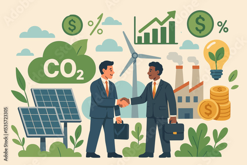 Green economy and ESG investment concept. Businessmen handshake for a sustainable partnership. CO2 reduction with renewable energy, solar panels, and wind turbines. Vector.