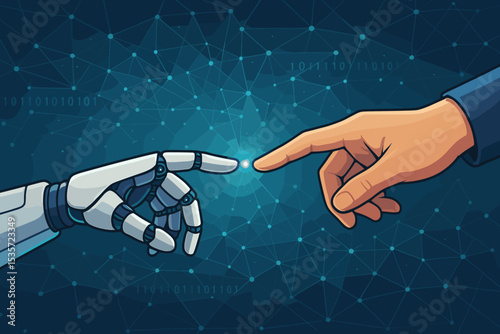 Human hand touching a robot finger. Connection between human and artificial intelligence concept. Future technology. Parody of The Creation of Adam. Digital network and binary code.