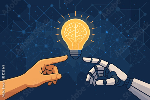 Human and robot hands pointing at lightbulb with brain. Concept of AI and human collaboration, synergy, teamwork, shared idea, and innovation. Future technology vector concept.