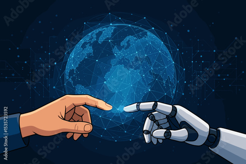 Human and robot hands touching. Artificial intelligence, future technology concept. Partnership between man and machine. Global network, digital communication, innovation background.