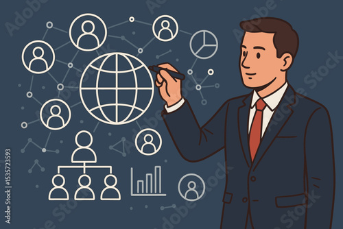 Businessman drawing global business network strategy on virtual screen. Concept of international management, data analytics, corporate planning, and digital technology connections.