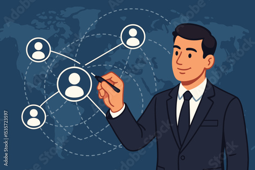 Global business networking concept. Businessman drawing a connection structure with people icons. International management, corporate communication, human resources, and social network strategy.