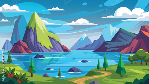 Cartoon Landscape with Mountains, Lake, Trees, Path, and Cloudy Sky Illustration
