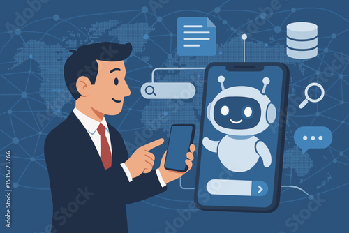 Businessman using smartphone with AI chatbot for customer service. Concept of artificial intelligence, virtual assistant, and online support. Global network and digital technology.