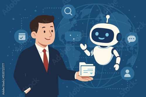 Man interacts with AI chatbot robot. Artificial intelligence concept for business support, customer service, virtual assistant. Digital technology, automation, global communication.