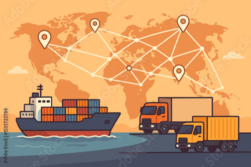 Supply chain management vector illustration. Global logistics network with container ship and trucks. International freight transport, cargo delivery, and distribution on world map.