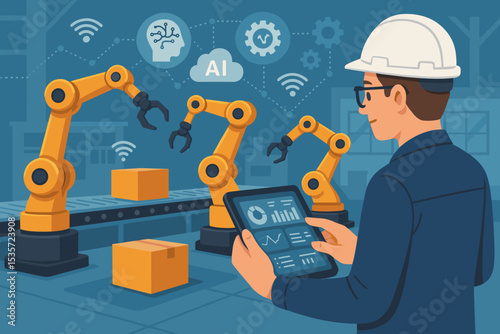 Smart factory automation concept. Engineer with tablet controlling robotic arms on a conveyor belt. Industry 4.0 technology with AI and IoT for modern manufacturing process.