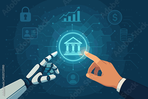 Digital banking and fintech concept. Robot and human hands pointing at a bank icon. AI in finance, technology integration, automation, security, online payment, investment.