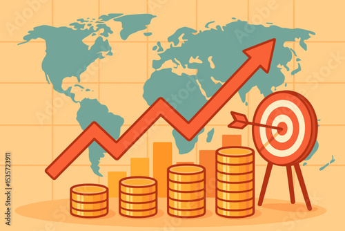 Economic growth visualization with upward arrow and coin stacks. Global business success concept with world map background. Financial strategy, investment return, profit and goal achievement.