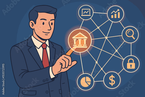 Businessman interacting with a digital financial network. Fintech concept with icons for banking, investment, security, and data analysis. Modern online financial services.