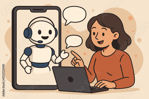 Woman user chatting with an AI chatbot on smartphone for customer service. Girl at laptop talking to robot virtual assistant. Online helpdesk, modern communication technology concept.