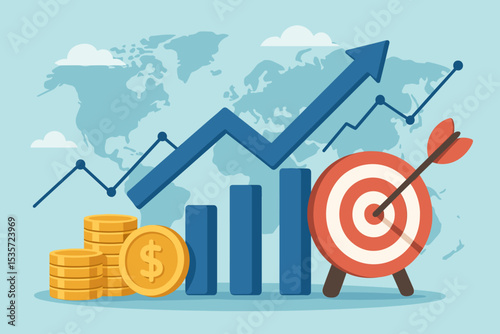 Financial growth and business success concept. Hitting the target with an arrow. Global economy visualization with bar chart, graph, arrow up, and money coins. Investment profit.