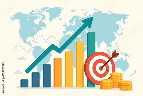 Global economic growth and business success concept. Vector illustration of a rising bar chart, target with arrow for goal achievement, and gold coins. Financial market investment.