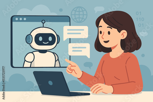 User communicating with an AI chatbot on a laptop computer. Customer service bot concept. Woman asking a virtual assistant for help. Artificial intelligence technology online support.
