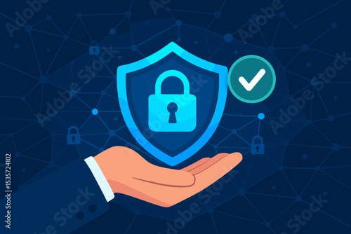 Businessman hand holding security shield with lock icon. Cyber data protection, internet privacy concept. Approved network safety with check mark. Secure technology background.