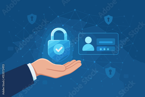 Cyber security concept with hand holding a padlock. Secure login and password authentication for data protection. Network privacy and internet access control vector illustration.