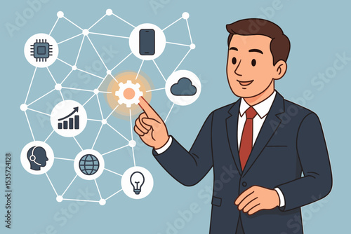 Businessman managing a digital network of icons. Concept for business technology integration, digital transformation, process automation, AI, cloud computing, and system control.