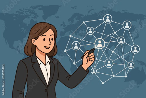 Global business networking illustration. Businesswoman creating a network of people icons on a world map. International collaboration, social media, human resources, and team strategy.