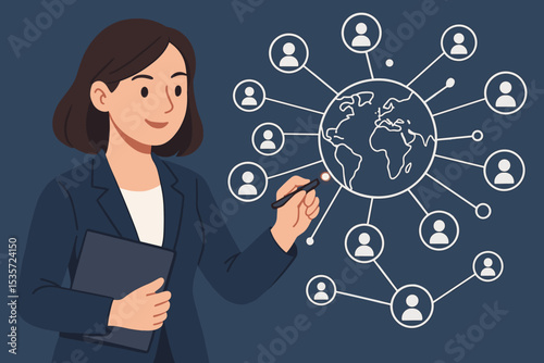 Global business networking and communication concept. Businesswoman drawing diagram of a worldwide team. International connection, social media, technology, corporate strategy, human resources.
