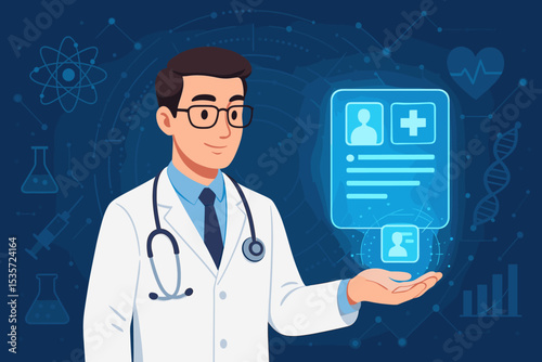 Doctor with futuristic hologram interface showing electronic medical records. Telehealth, digital healthcare, and medical technology concept. Science and innovation in medicine.