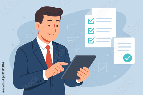 Businessman completing digital checklist on tablet. Concept for business evaluation, task management, online survey, and audit. Manager ensuring quality control and project approval.