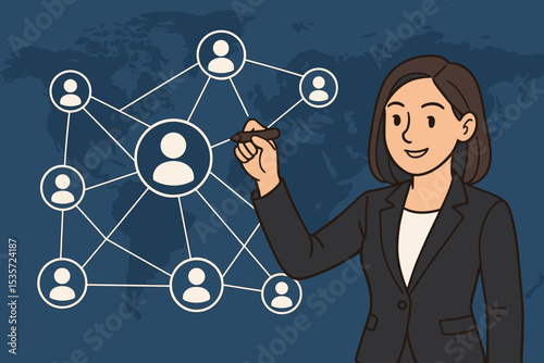 Businesswoman drawing a global network connection diagram. Concept of human resources, international business, social media, and communication. Teamwork and organizational structure.