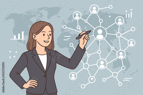 Global business networking concept. Businesswoman drawing a social network structure on a world map background. HR manager planning an international team. Corporate strategy vector.