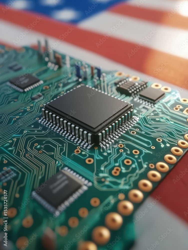 Computer CPU Chip sitting on top of China and United States Flag. Technology, Tariff, Economy Computer CPU Chip sitting on top of China and United States Flag. Technology, Tariff, Economy