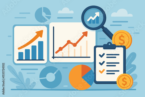 Economic growth strategy and financial analysis concept. Business investment planning and management. Infographic with chart, graph, checklist and magnifying glass for data research.