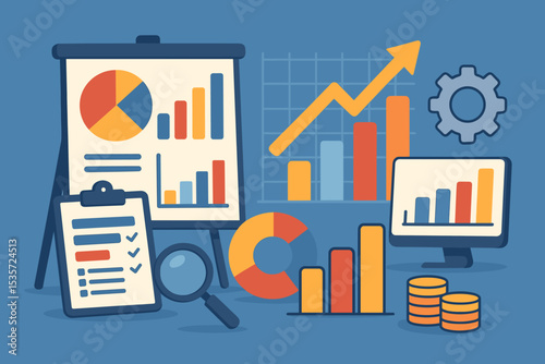 Business data analysis vector concept. Economic growth strategy with charts and graphs. Financial report for marketing and investment. Statistics infographic presentation. Profit success.