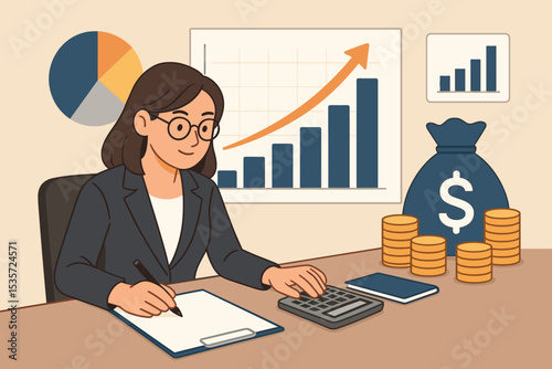 Financial advisor analyzing investment growth. Businesswoman at desk with calculator, charts, and money. Concept of accounting, financial planning, success, and profit analysis.