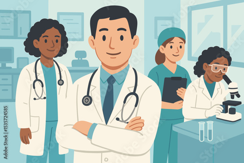 Diverse medical team collaboration vector illustration. Group of doctors, nurse, and scientist working in hospital or lab. Healthcare professionals concept for medicine and research.