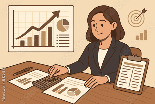 Businesswoman analyzing financial data for investment growth. Female professional at office desk with calculator and reports. Concept of accounting, market analysis, strategy, success.