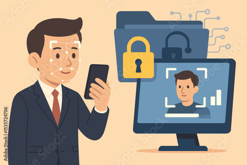 Biometric data security concept. Man using face recognition on smartphone for identity verification. Cybersecurity, privacy and personal data protection with facial authentication.