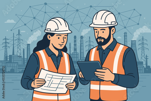 Male and female engineers review plans on tablet and blueprint at an industrial factory site. Teamwork concept with workers in hard hats against a power plant and network background.